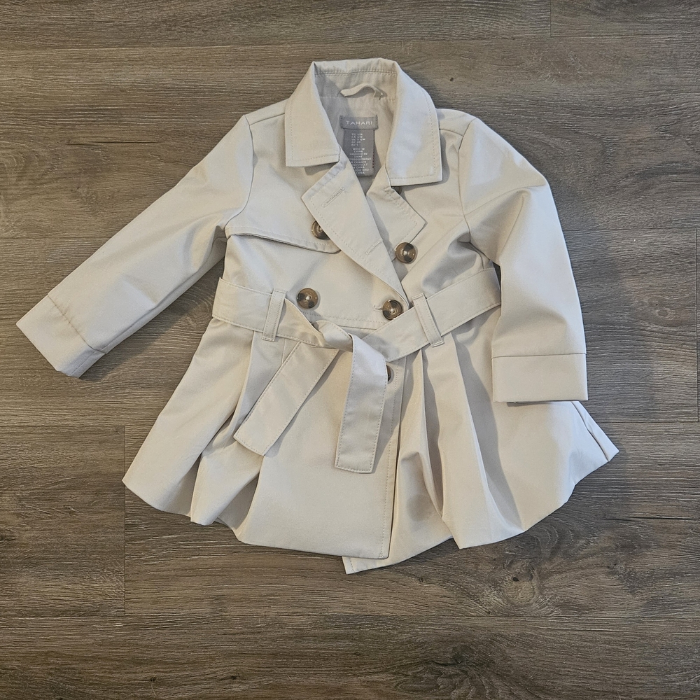 Tahari Cream Double-Breasted Trench Coat with Belt